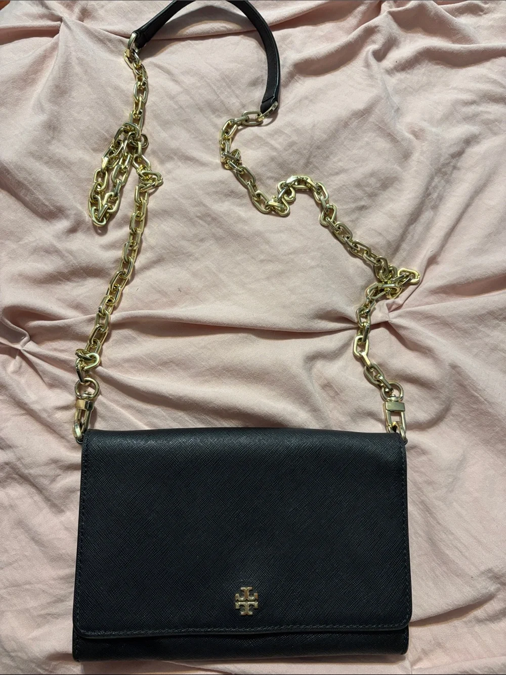 Tory Burch Black Leather Crossbody with Gold Chain Strap
